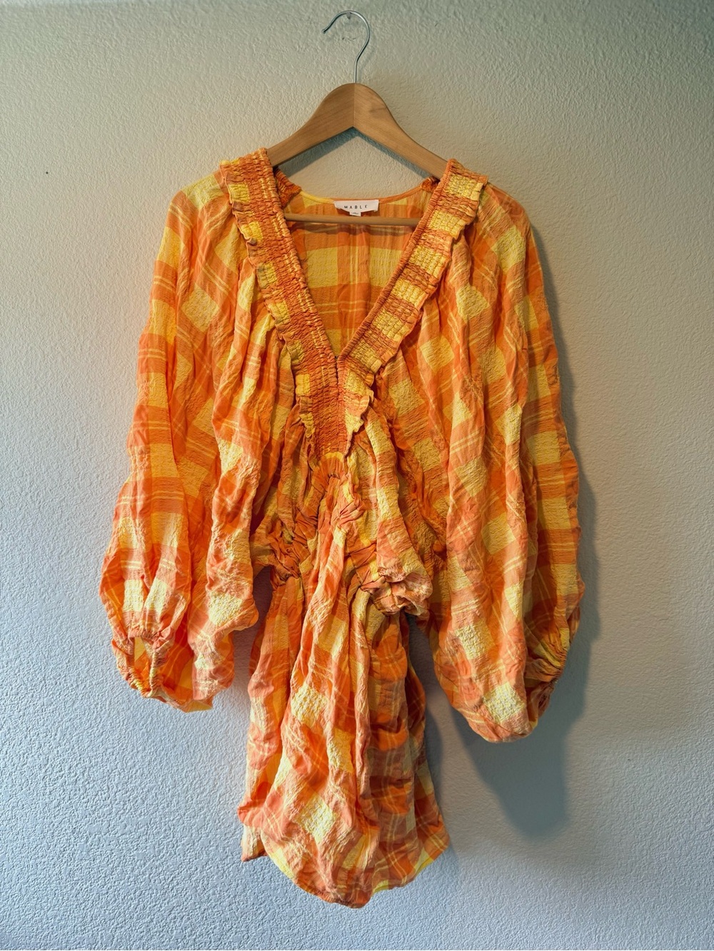 MABLE Yellow and Orange Plaid Ruffle Oversized Peasant Top Romper - Picture 2 of 9